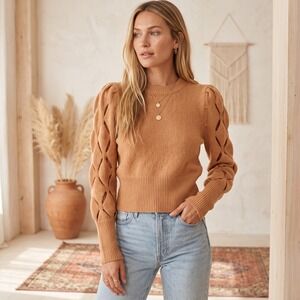 BKE Lattice Cut Out Sleeve Sweater Statement Puff Shoulder Orange Coquette M
